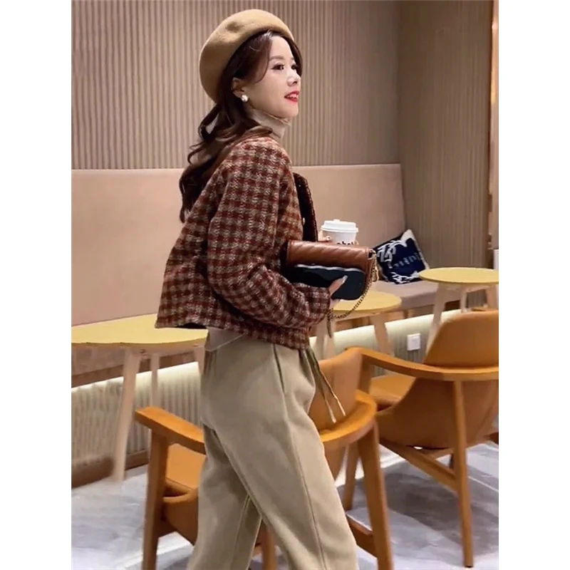 Tweed Jacket Overcoat Oversize Womens Fall Vintage Lady Rhinestones Elegant Minimalism Silhouette French Style Harajuku Lace-Up