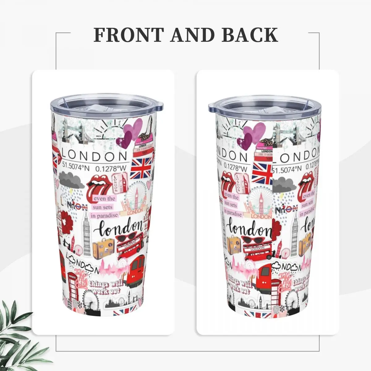 Paris London Stainless Steel Tumbler Union Jack Beach Car Mugs Large Thermal Cups Portable Cold Drink Milk Tea Water Bottle