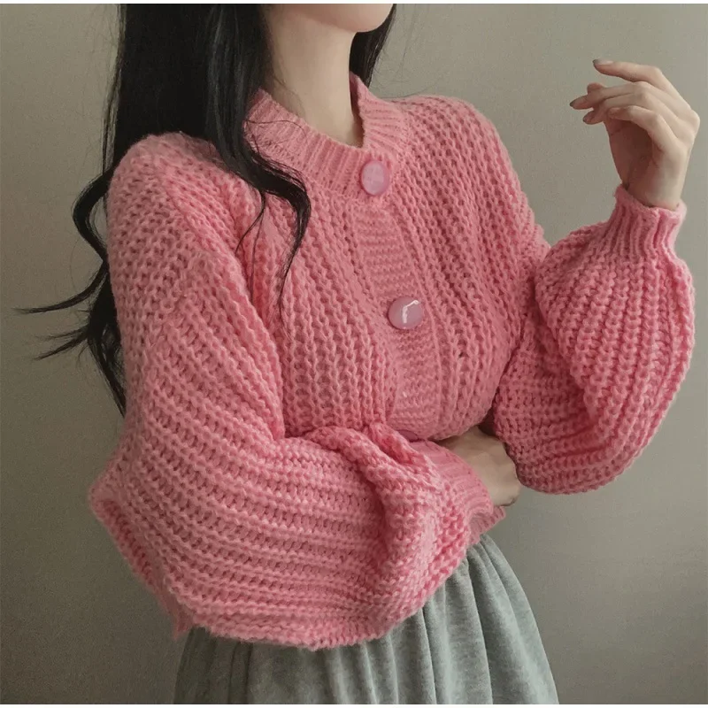 Solid Color Simple Style Knitted Short Jacket Sweater Cross-Border Amazon Foreign Trade Slim Button Knit Women's Cardigan