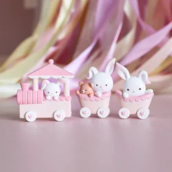 1set Pink Bunny Train Cake Topper Cartoon Rabbit Bear Doll Cake Decor Girls Birthday Party Decoration Baby Shower Supplies