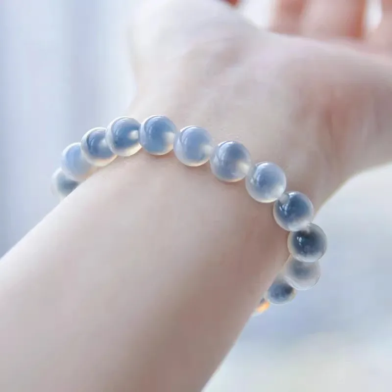 Natural Blue Jelly Agate Bracelet for Women Summer Minimalist Plain Circle Jade Style Beaded Bracelet Gifts