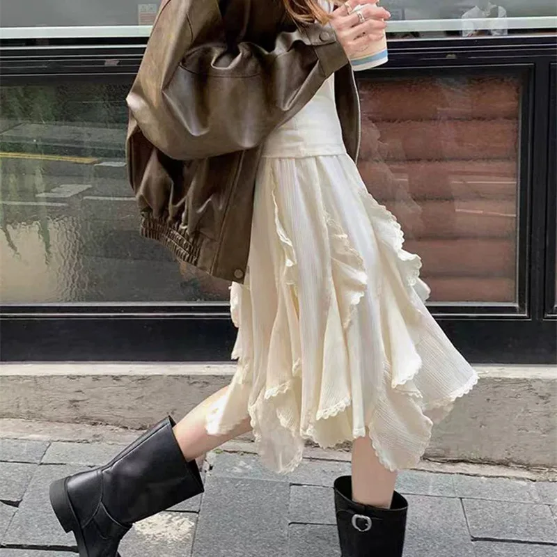 

2026 New Summer French Style High Waist Irregular Ruffle Hem Skirt Women Lace Splicing Mid-Length Petal Skirt Fashion Elegant