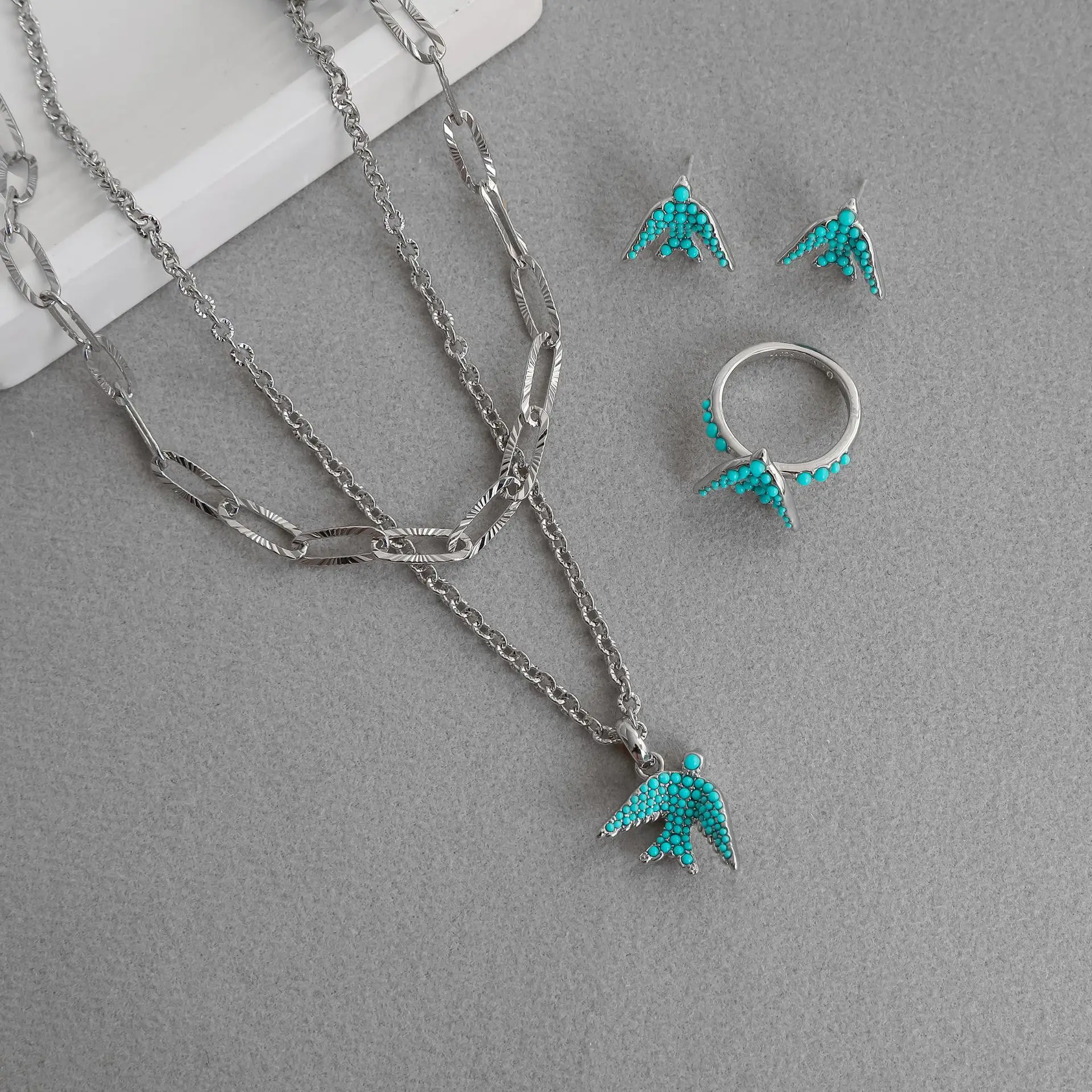 YEEVAA Melody Bird Multi Strand Necklace/Stud Earrings/Cocktail Ring, Jewelry Set, Fashion Jewelry for Women, Unique Gifts