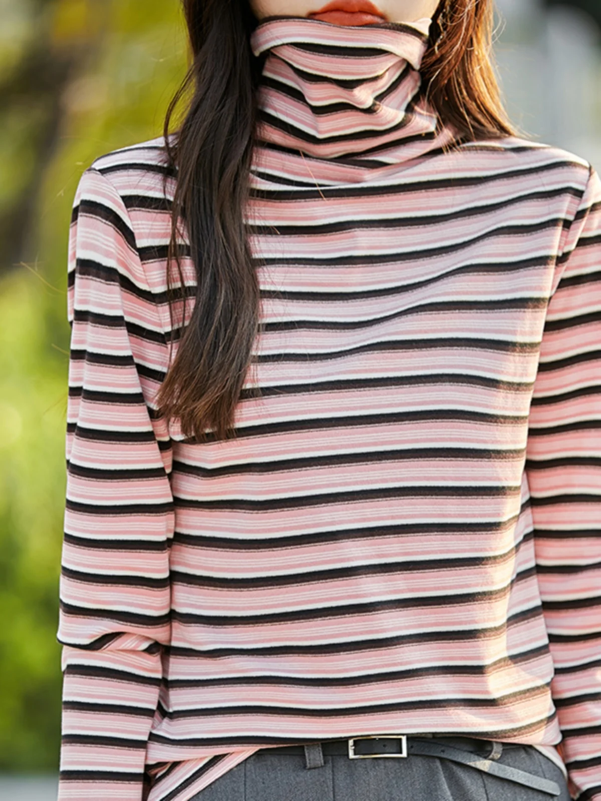 

Двусторонняя вельветовая кофта с высоким воротником и полосками, женская базовая модель, осенняя новинка, теплая внутренняя одежда, модный трикотаж с длинными рукавами