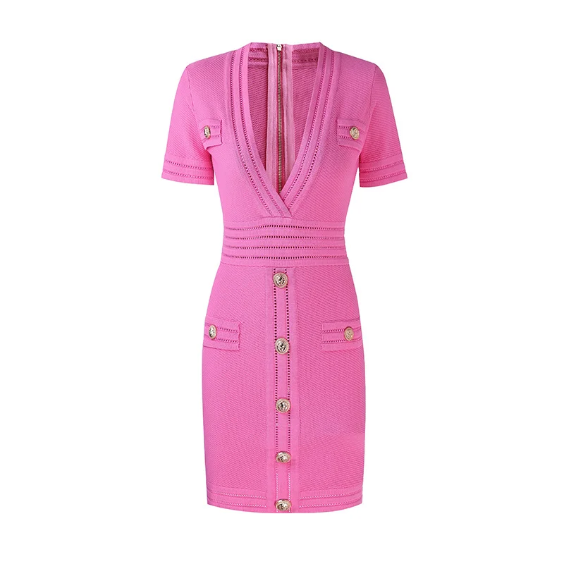 

2023 New Designer Fashion Summer New Women's Sweater Sexy Mini Short Sleeve Deep V Neck Knit Dresses