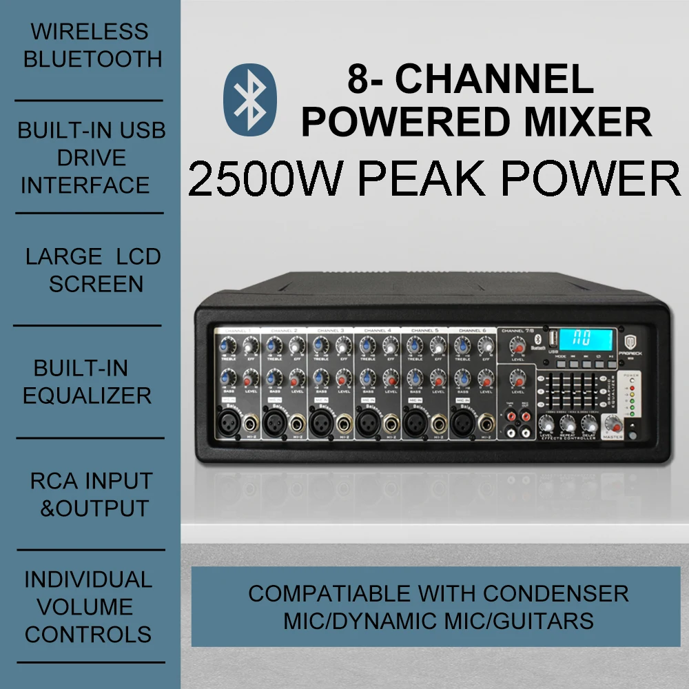 PRORECK MX8 2500 P.M.P.O 8 Channel Compact Studio Powered Mixer with Built In Effects & USB Audio Interface for Party/Meeting