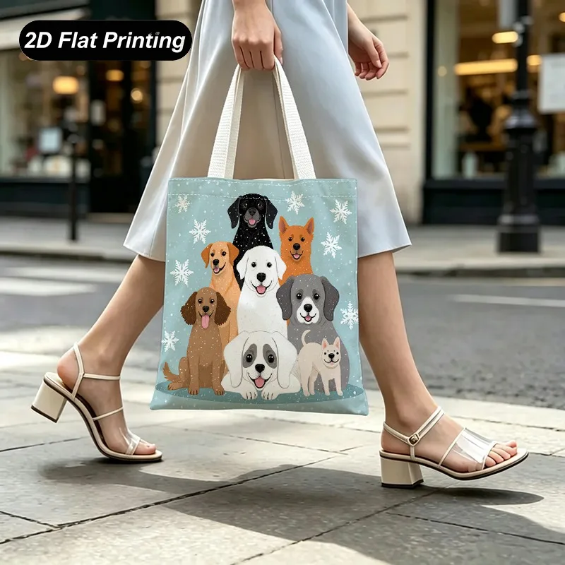 1PC【Tote Bag】2DFlat effect，Cartoon multi-species cute dog snowflake print tote bag，Large capacity and portable，Adapted shopp