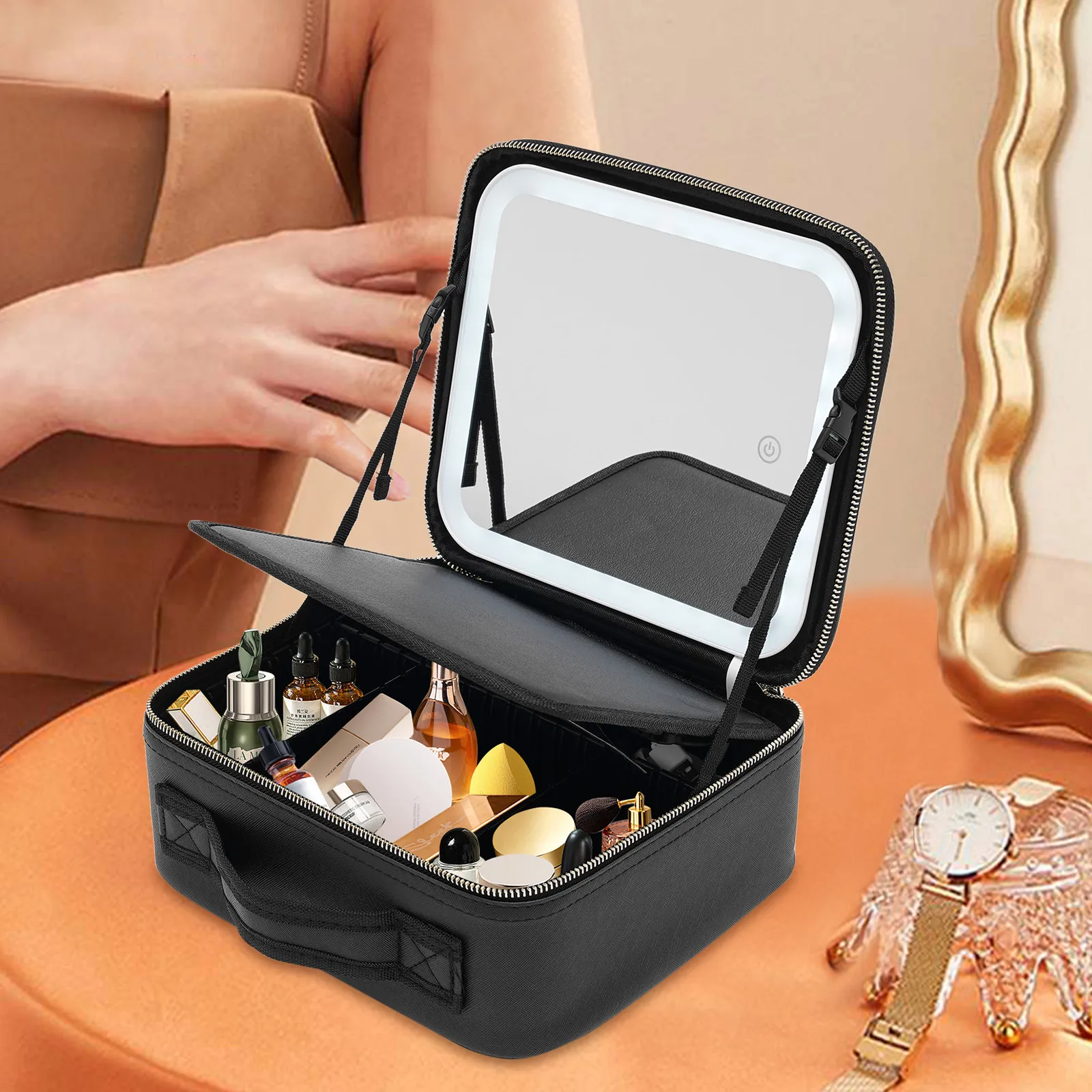 

Дорожная косметичка со светодиодным зеркалом, чехол-органайзер с регулируемым отделением — портативное косметическое хранилище с подсветкой