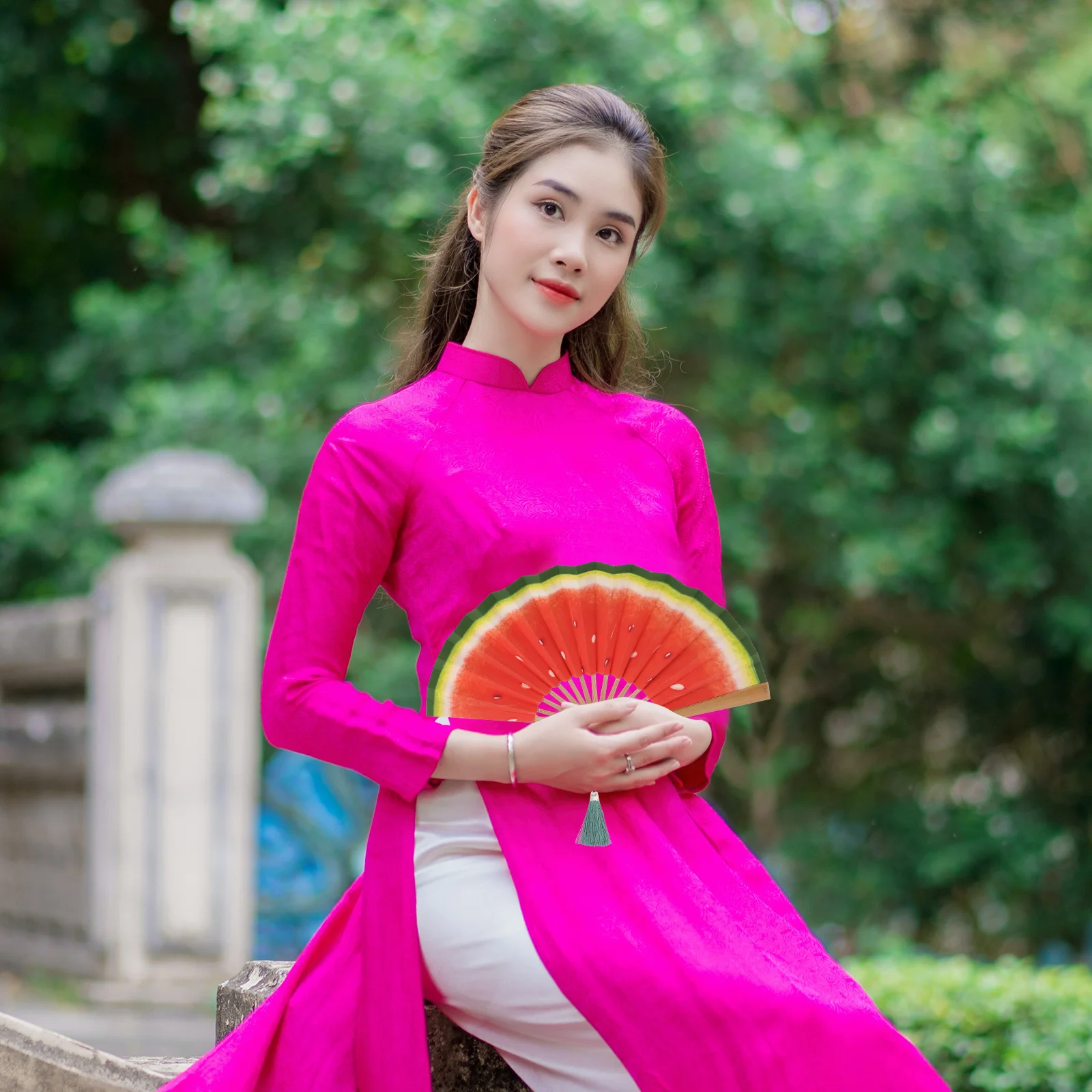 

5 Inch Bamboo Watermelon Folding Fan Lightweight Compact Portable Fruit Hand Fan for Summer Festivals Concert Dance Party