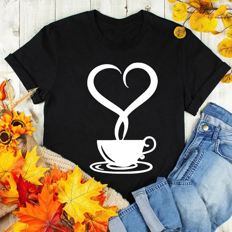 Cotton 100% Fashion Coffee Love Print Casual Pattern Short Sleeve Men and Women Europe and America New Casual T-shirt Men Women