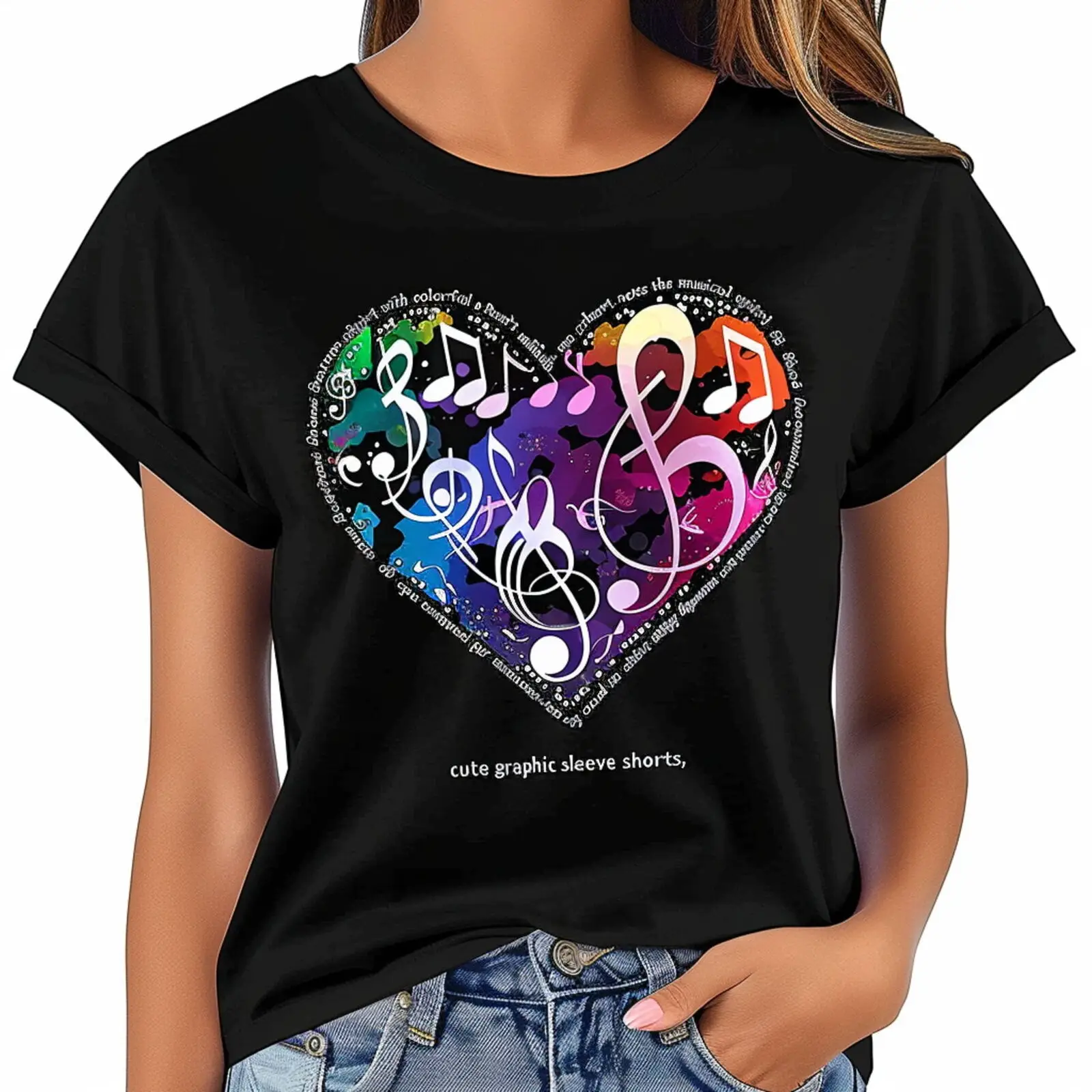 

Black TShirt with Heart Music Note Print Colorful Musical Notes Graphic Tee