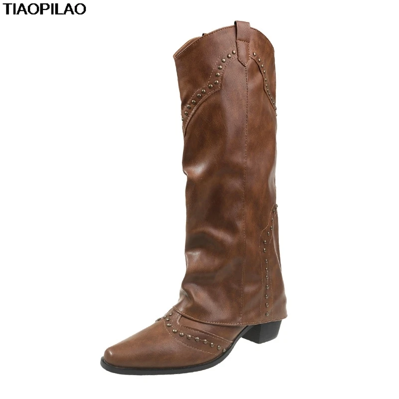 

Riveted Western Cowboy Boots For Women, Autumn And Winter Vintage Women's Riding Boots Handmade Leather Ladies' Shoes
