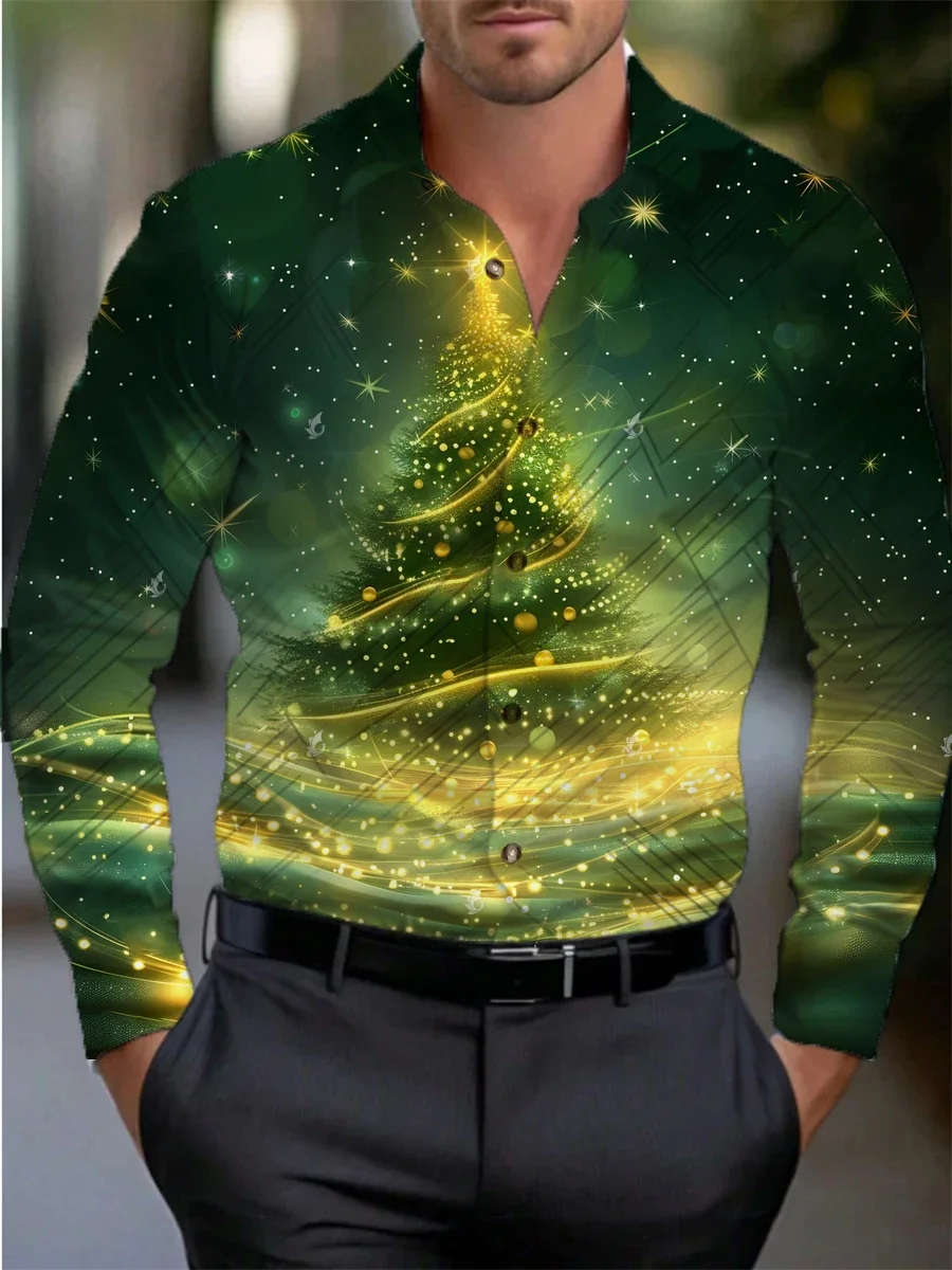 

Happy New Year Christmas Tree Printed Men's Long Sleeve Shirt Large Size Fashion Casual Lapel Men's Top Comfortable Loose