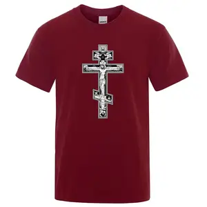 Camiseta gótica de algodão estilo escuro masculina, cruz ortodoxa, roupa de anjo de Jesus, estampa solta, camiseta casual de verão, moda, estilo escuro 6 principais vendas camisa ortodoxo - №2