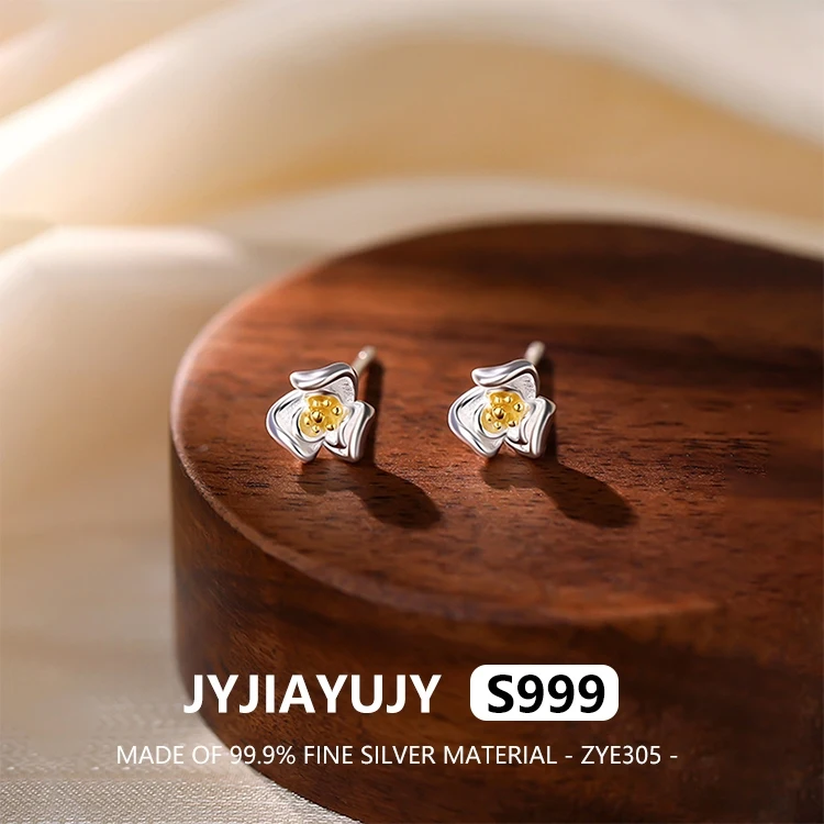 

JYJIAYUJY 100% Whole Original Fine Silver S999 Stud Earrings Camellia With Golden Stamens Elegance Gift For Women Use ZYE305