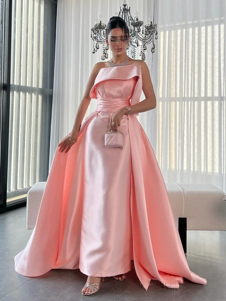 Aenyrst Saudi Elegant Pink Satin Prom Dress Women Off Shoulder Trailing Party Evening Dresses Ankle Length Formal Occasion Gowns