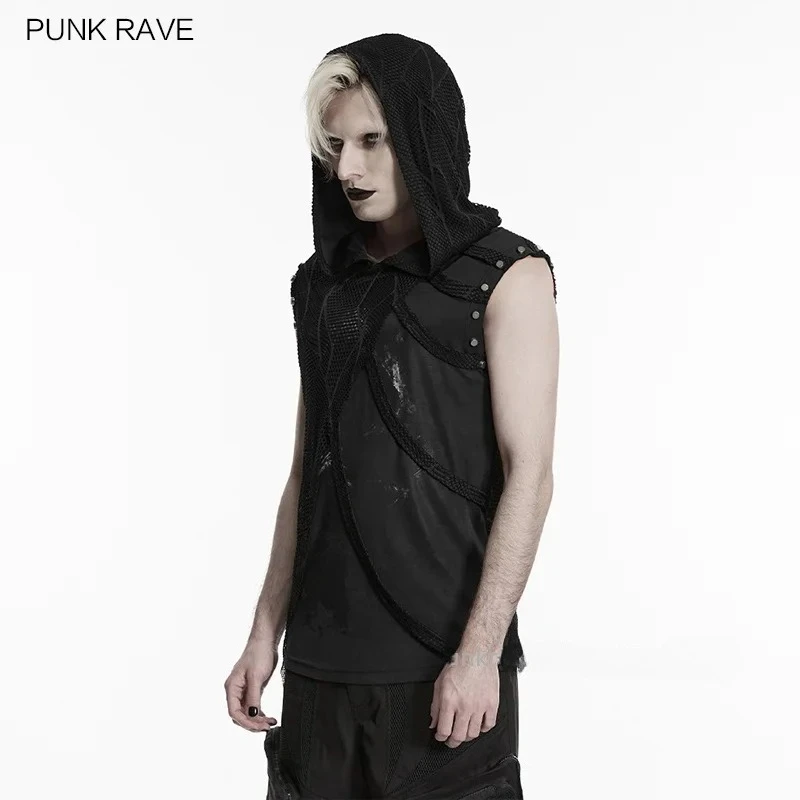 PUNK RAVE Men's Punk Printed Irregular Spider Mesh Sleeveless Hooded T-shirt Dark Mystery Top Summer Hardcore Streetwear