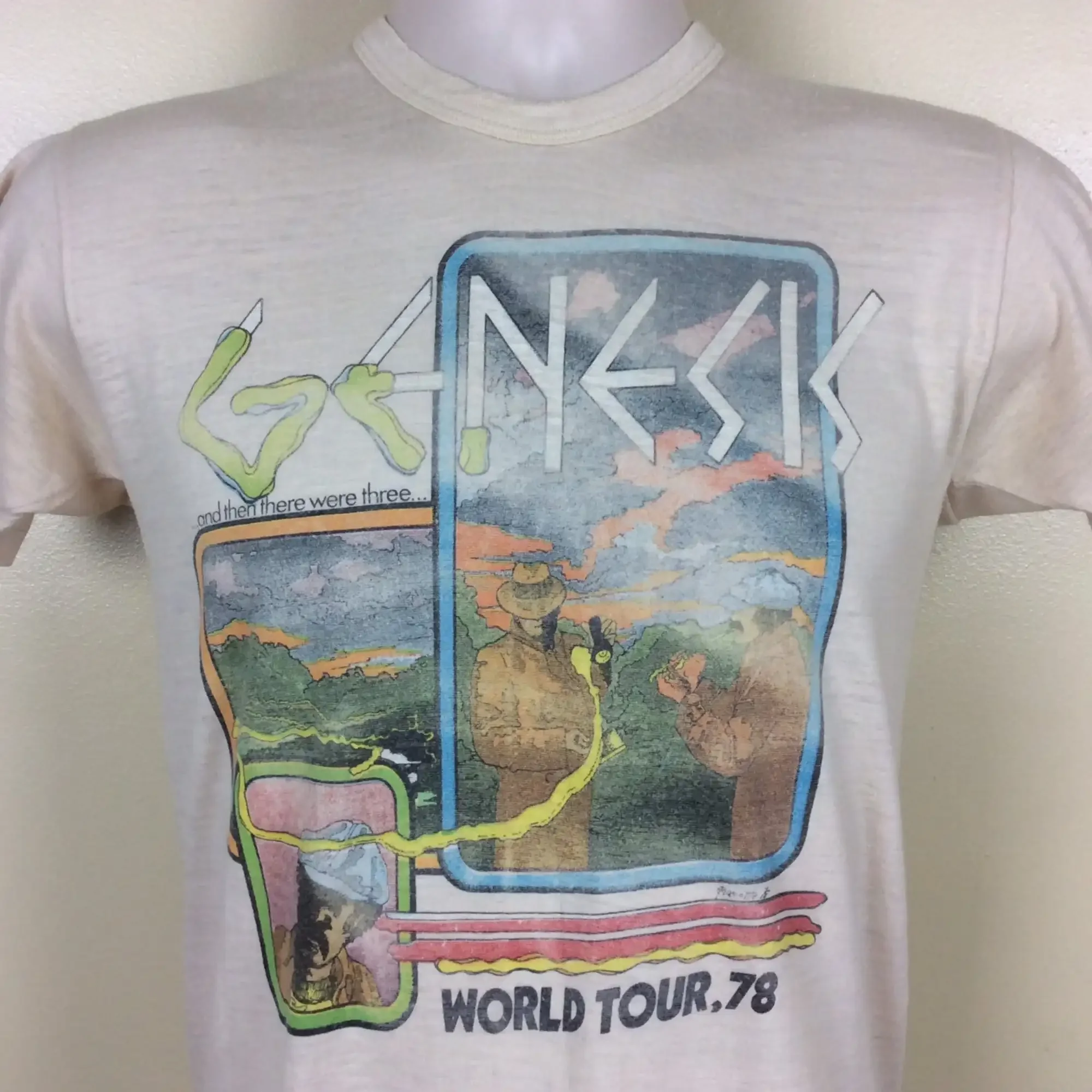 

Vtg 1978 Genesis And Then There Were Three Concert TShirt Beige S 70s Classic Prog Rock Band