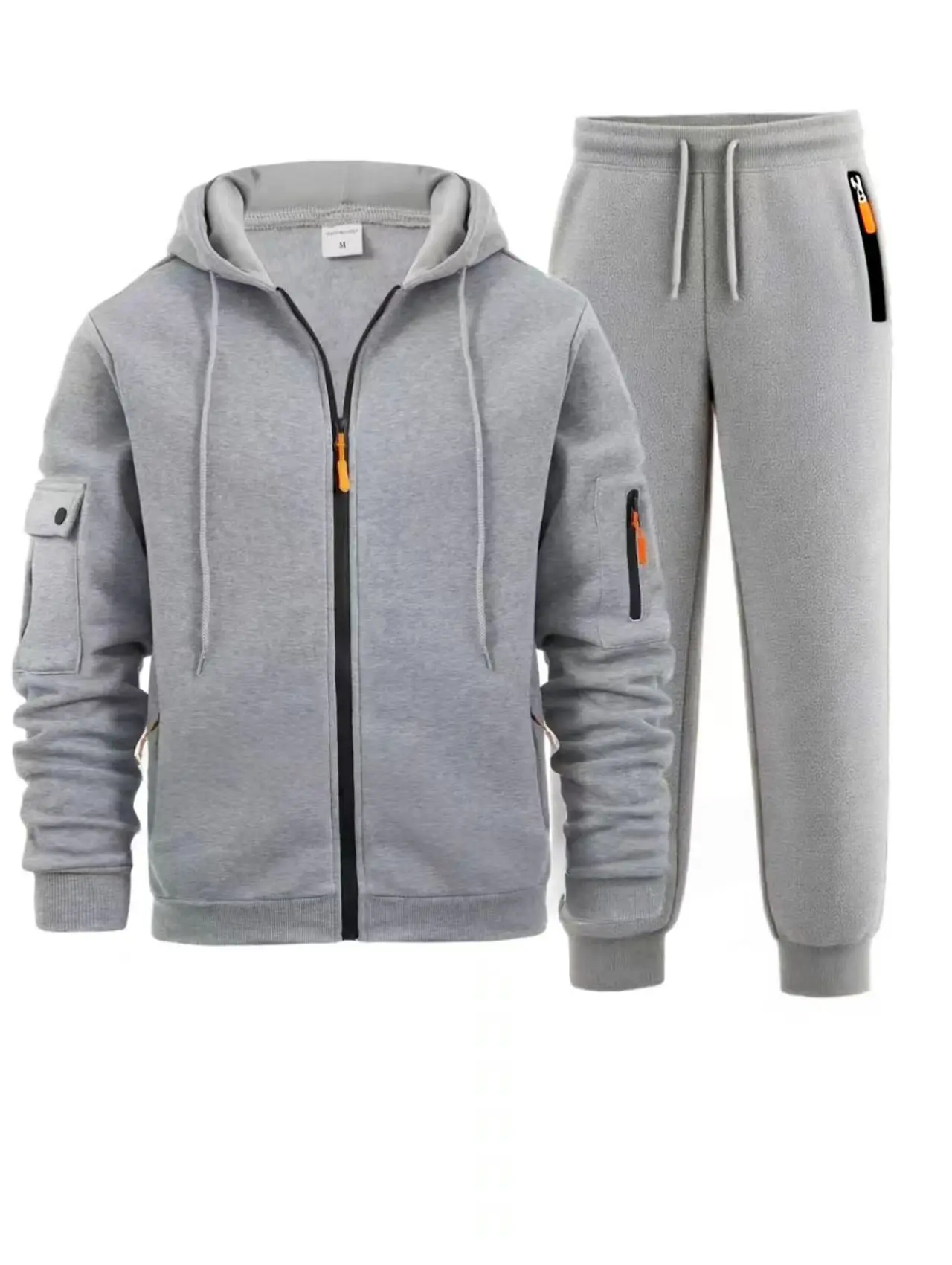 남성 스포츠 슈트 스타일 가을 겨울 플리스 남성 캐주얼 스포츠웨어 지퍼 스웨터 다중 포켓 작업 바지 세트
