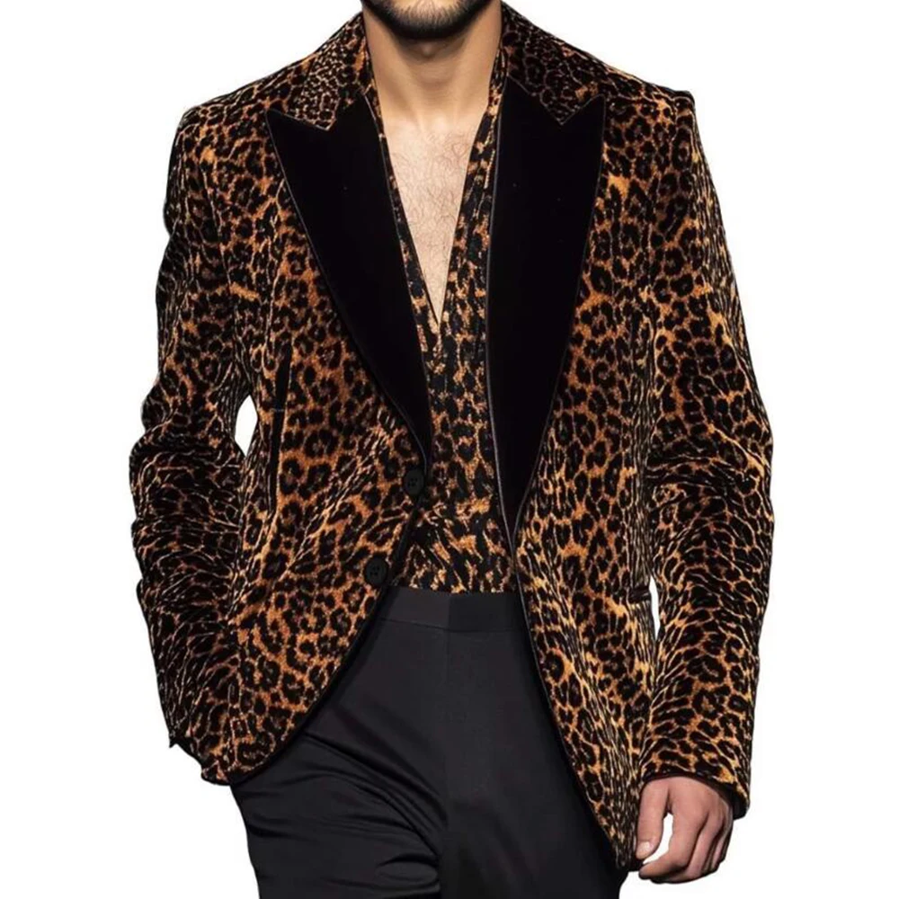 Men's Leopard Print Suits Peak Lapel Trendy Blazers Customized Man Dinner Party Groom Wedding Tuxedos 3 Pieces Jacket Vest Pants