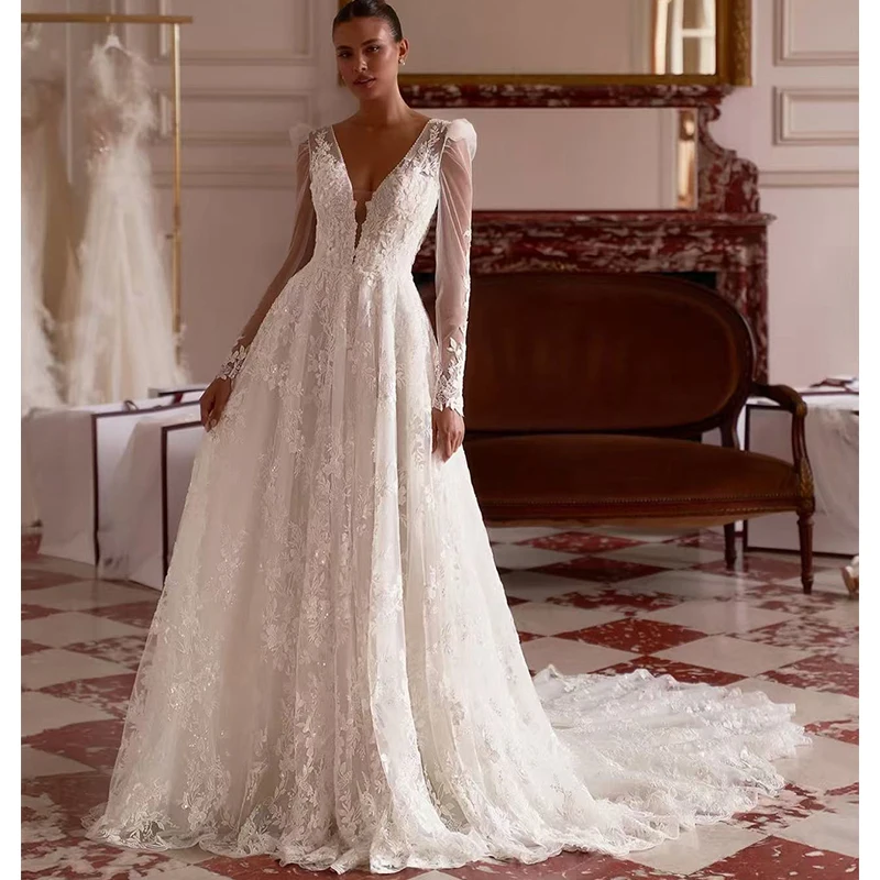 

Graceful Wedding Dress Organza With Embroidery A-Line Ball Gown Full Sleeve V-Neck Bride Customized Vestido De Novia Backless