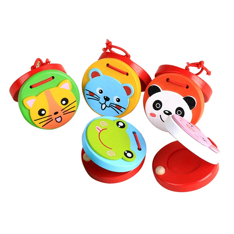 Cartoon Wooden Rattle Drum Handle Clapping Castanets Board Musical Instrument Preschool Early Educational Toys