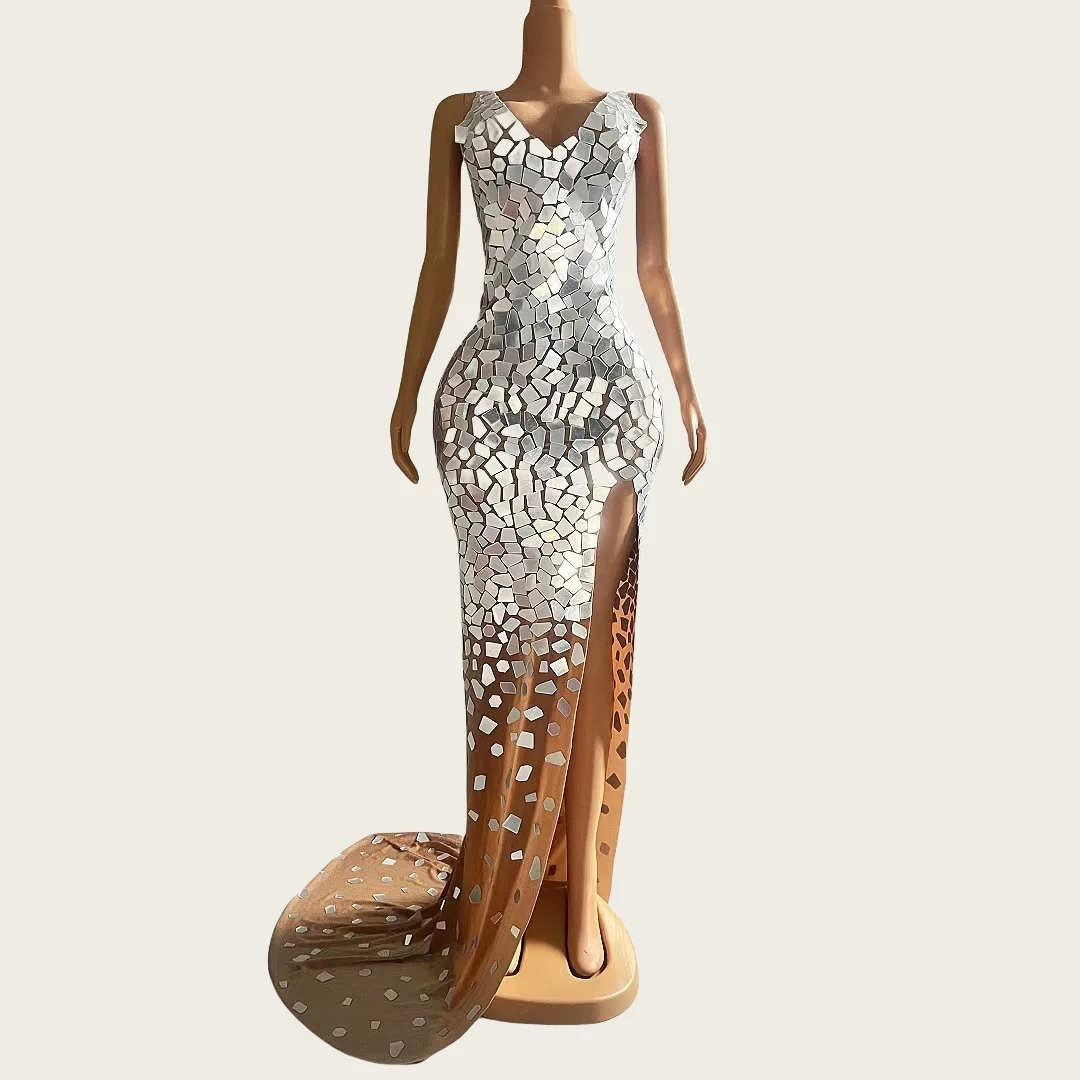 

Sparkly Rhinestone Deep V Neck Long Dress Women Sexy Couture Birthday Party High Side Slits Mesh Floor-length Dress Pianwei