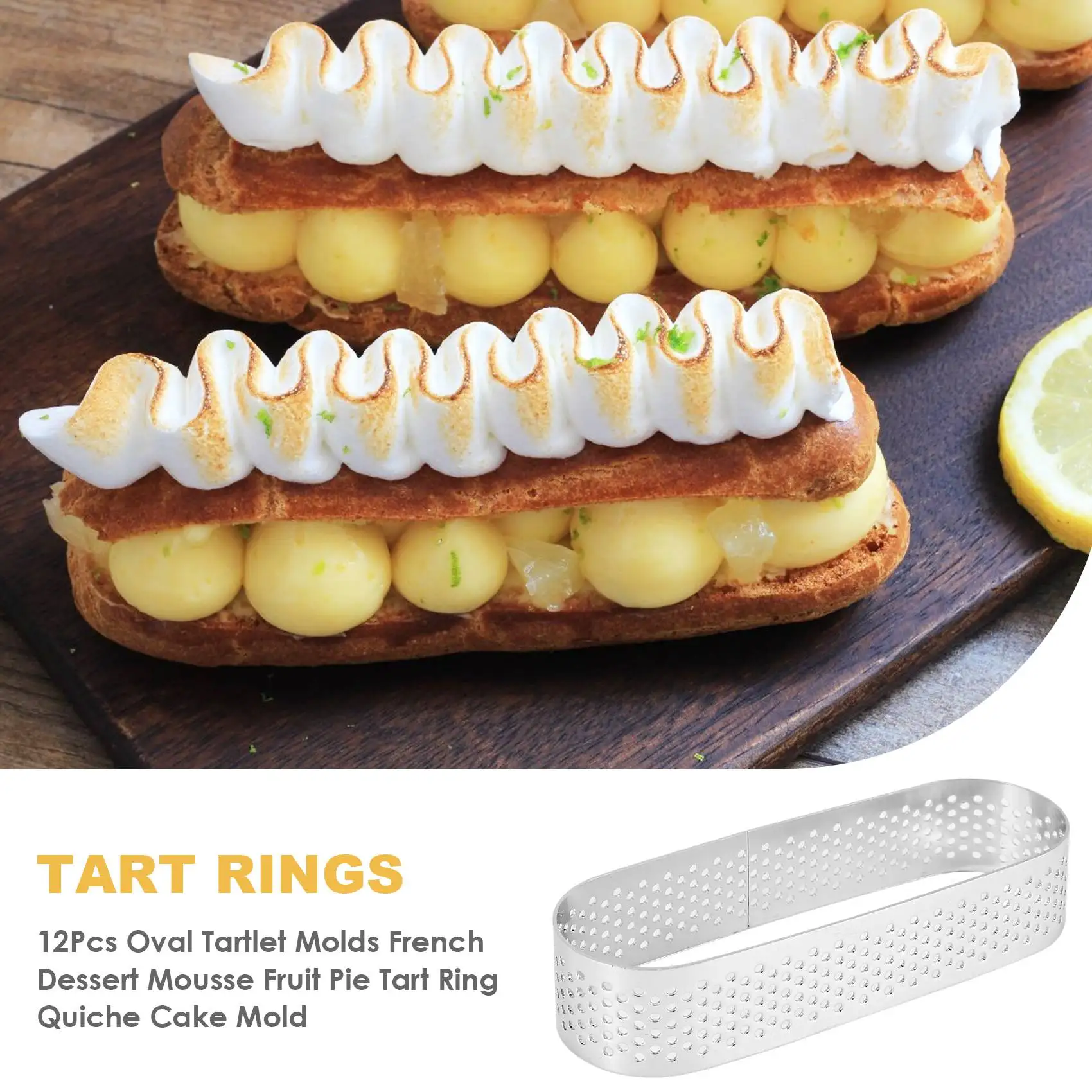 12Pcs Oval Tartlet Molds French Dessert Mousse Fruit Pie Tart Ring Quiche Cake Mold, Stainless Steel Tart Mousse Ring