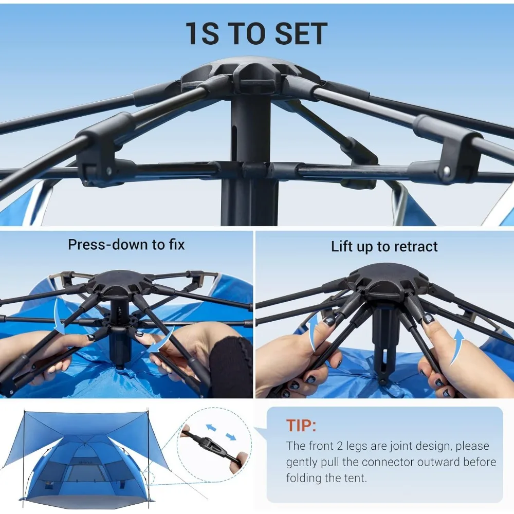 Elegear-Tenda de Praia com Dossel Removível, Pop Up Sun Shade Shelter, Instalação Automática, Duplo Prata, UPF 50 +, 4-6 Pessoa, 360 °