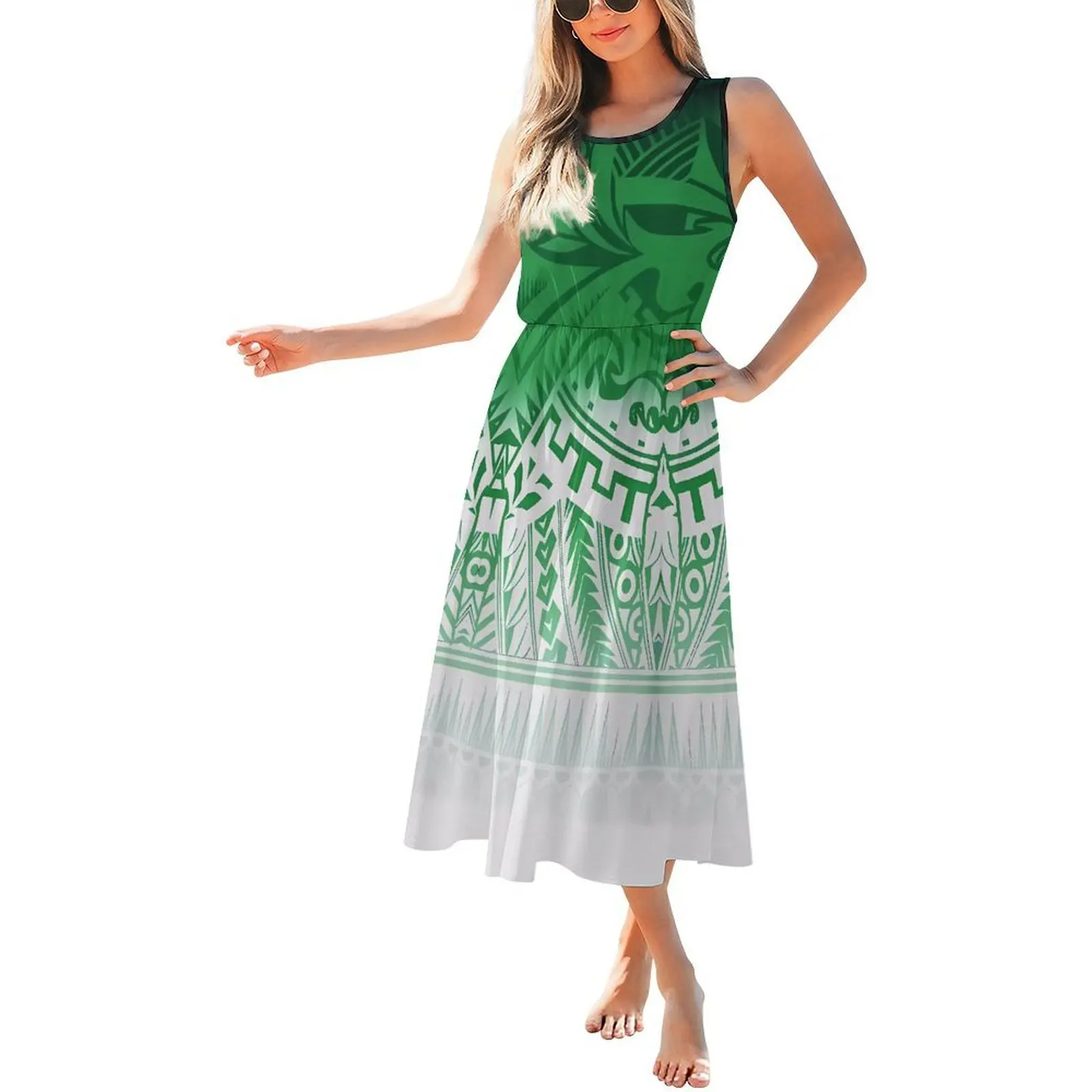 Polynesian Custom Patterned Round-Neck Sleeveless Cinched Waist Soft Fabric Elegant Women'S Dress Tribal Design
