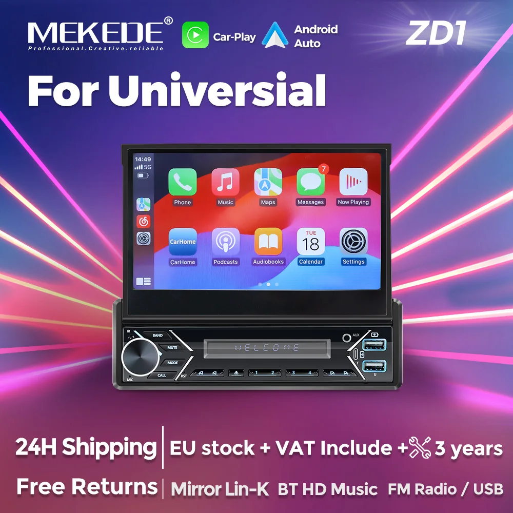 1 Din Universal MP5 Auto CarPlay Car Radio 7inch Automatic Retractable Screen Multimedia Player for Honda Toyota Hyundai KIA UAZ