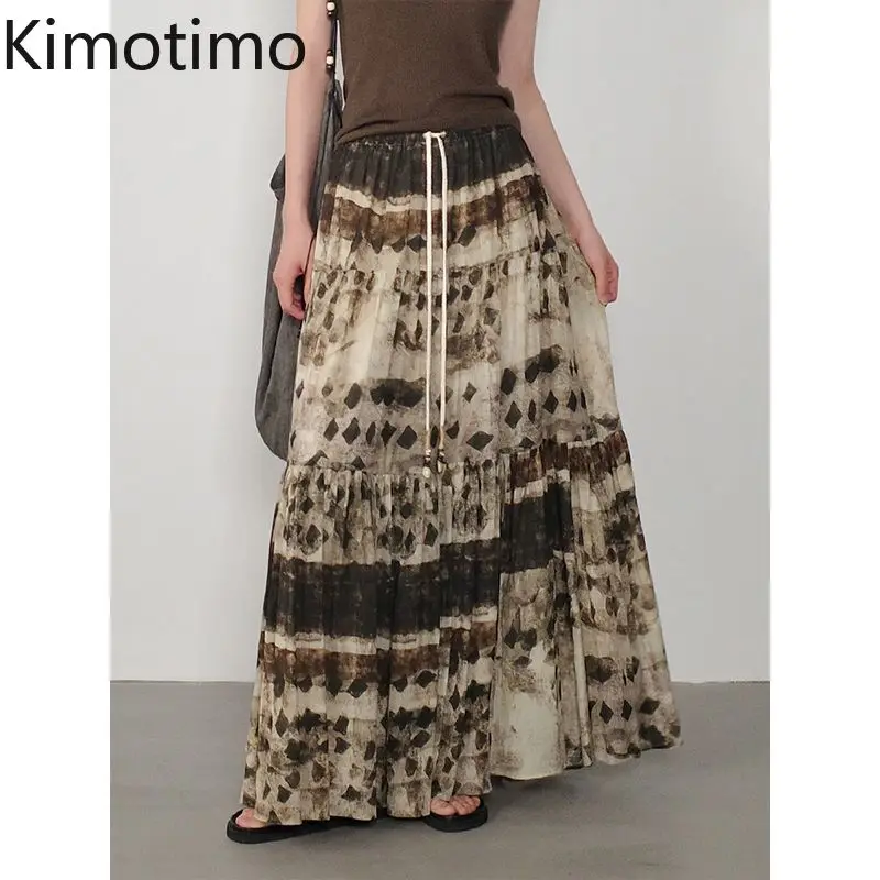 Kimotimo Vintage Boho Printed Long Skirt Women Elastic Waist Tierred A-line Beach Skirts Vacation Fashion Y2k Aesthetic Faldas