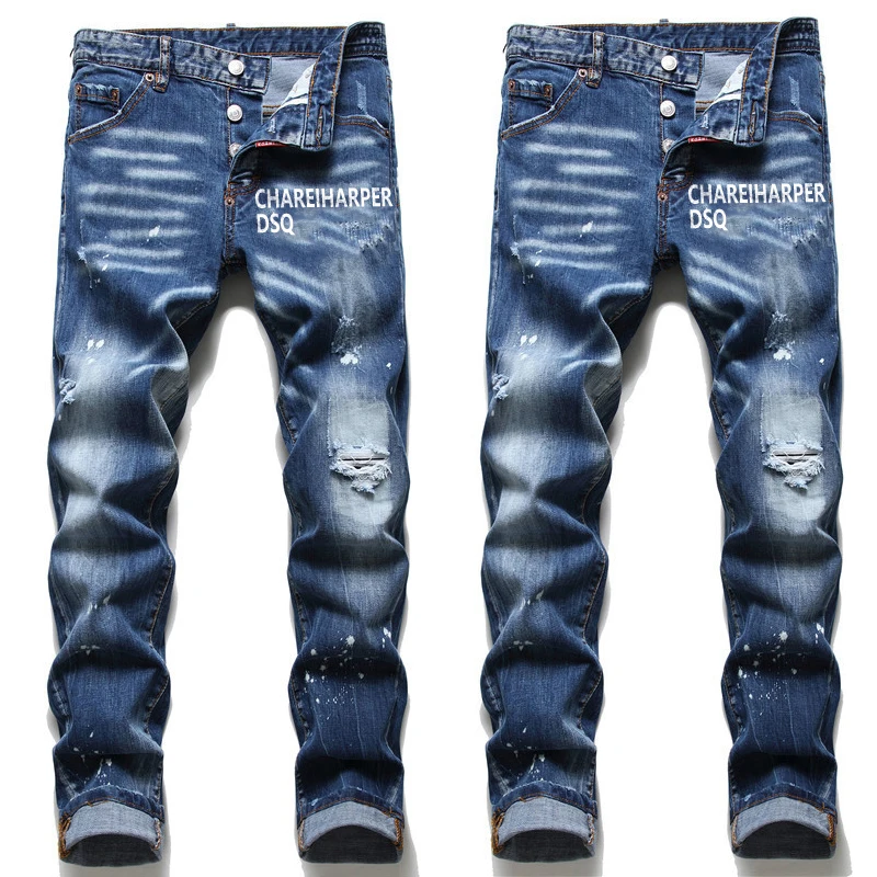 

Chareiharper DSQ 1086 Men's Jeans Straight Fit Elastic Cotton Blue Paint Wash Water Tear Tear Process Italian Design Jeans Men