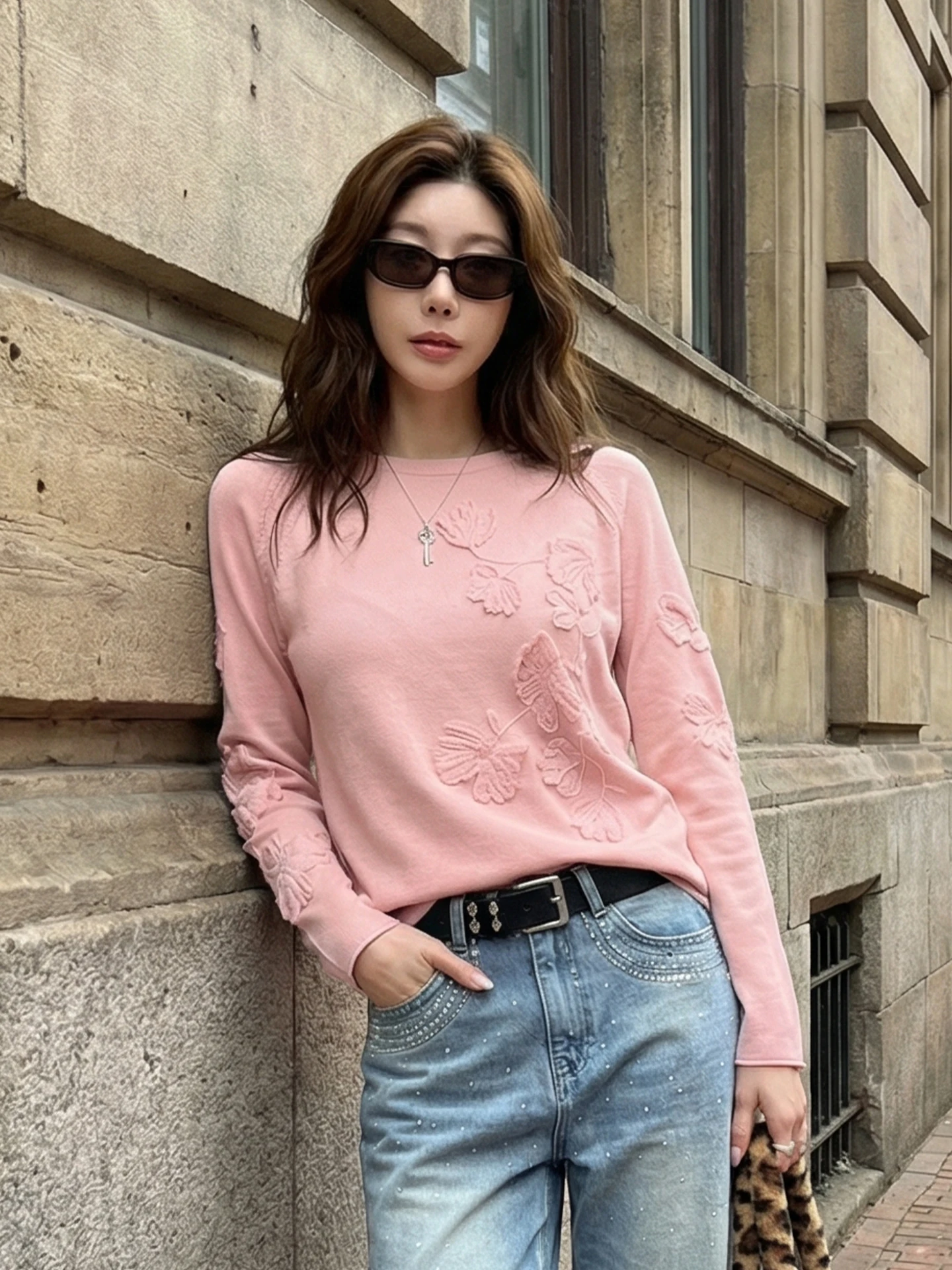 

Slimming Embroidered Thin Long Sleeve Women's Top Fashionable Versatile Spring 2026 Casual Style Regular Fit Medium Softness