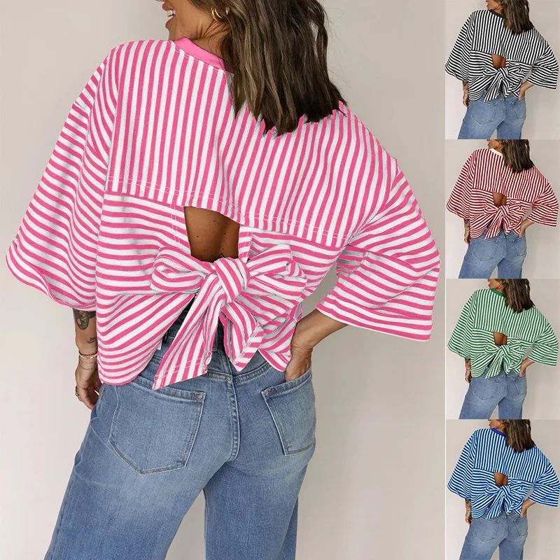 Women Striped Blouse Back Bow Tie Loose Oversized Casual Tops Fashion Summer Backless Shirts for Ladies Daily Wear