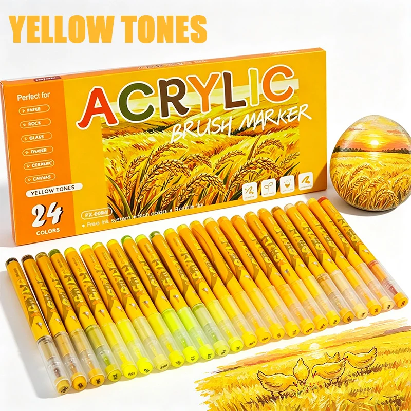 24 Yellow Shades Soft Brush Markers, Bright Warm Hues, Wheat Field & Sunset Art, Multi-surface DIY Coloring