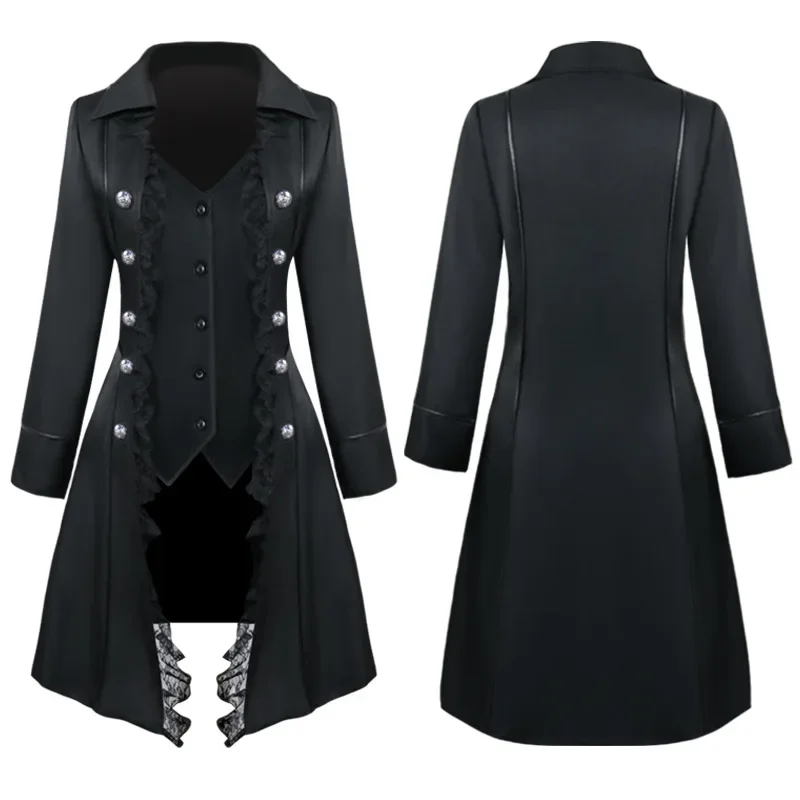 Women Medieval Dress Steampunk Pirate Cosplay Costumes Lace Trim Single Breast Jacket Coat Victorian Gothic Clothing Halloween