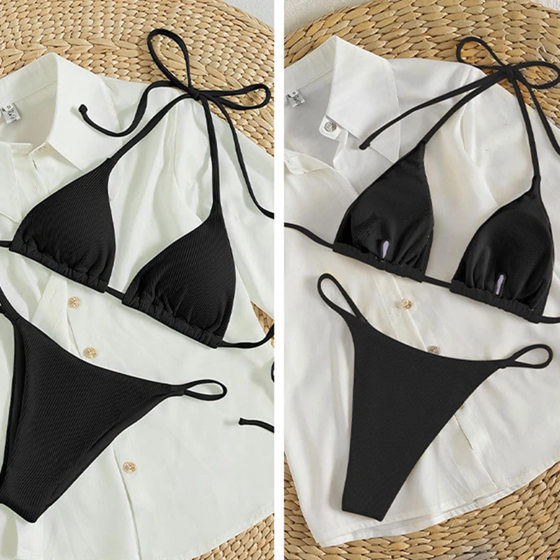 Sexy white Bikini Two Pieces Set Women Simple Solid Halter Lace Up Swimsuit High Waist Beachwear Bathing Suit Summer Swimwear