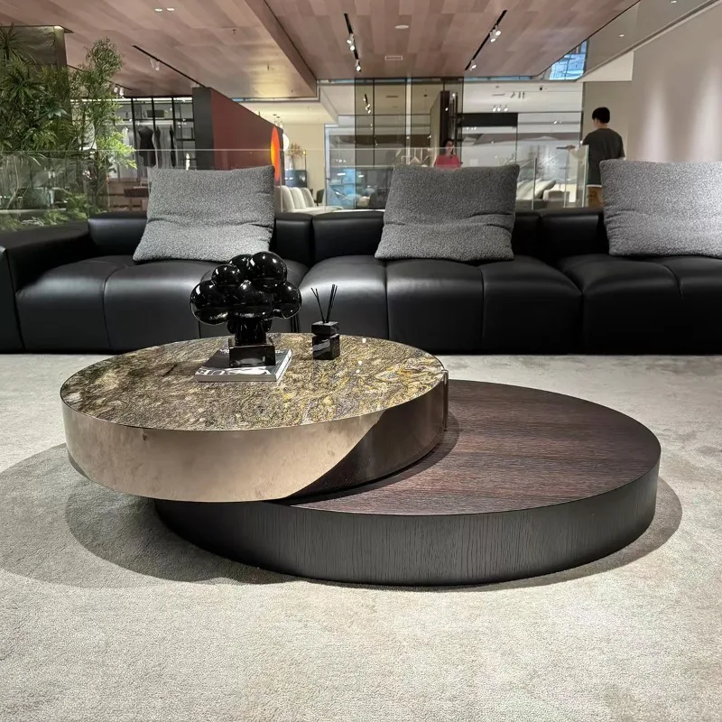 Round Smoked Wood Platinum Diamond Marble Minimalist Multifunctional Revolving Coffee Table