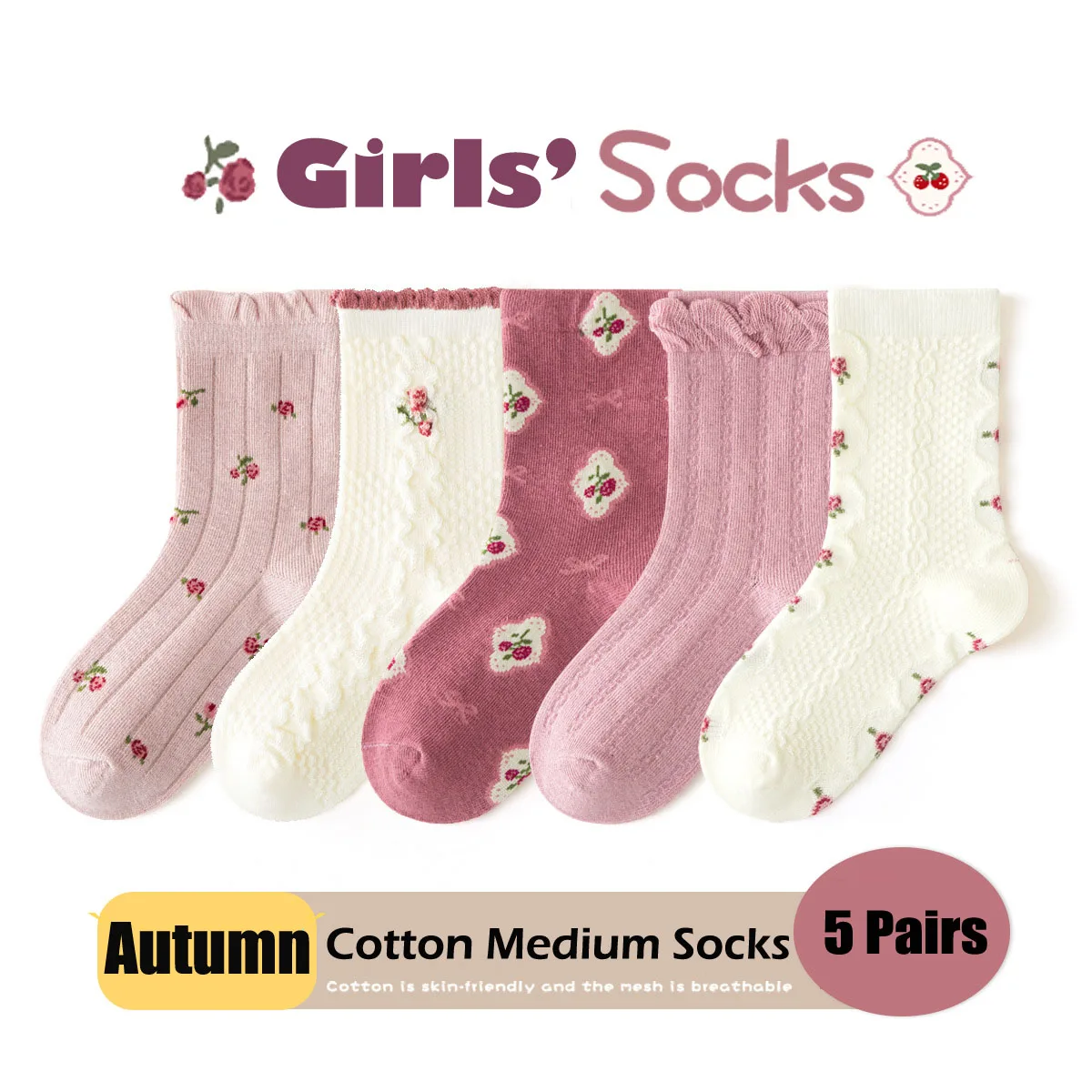 5 Pairs Girls Autumn Socks Mid Calf Cotton Socks A Class Baby Autumn Pink Floral Socks Children Medium Socks Baby Kids Socks