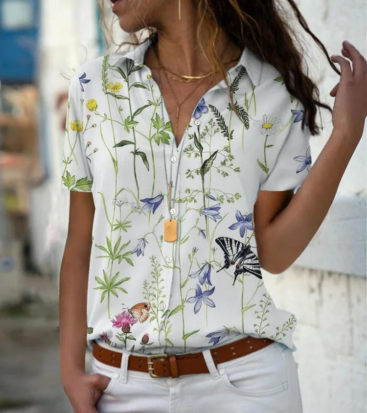 Fashion Floral Pattern Women Simple Shirts Summer Short Sleeve 3D Printed Flower Street Ladies Casual Blouse 3XL Plus Size Shirt