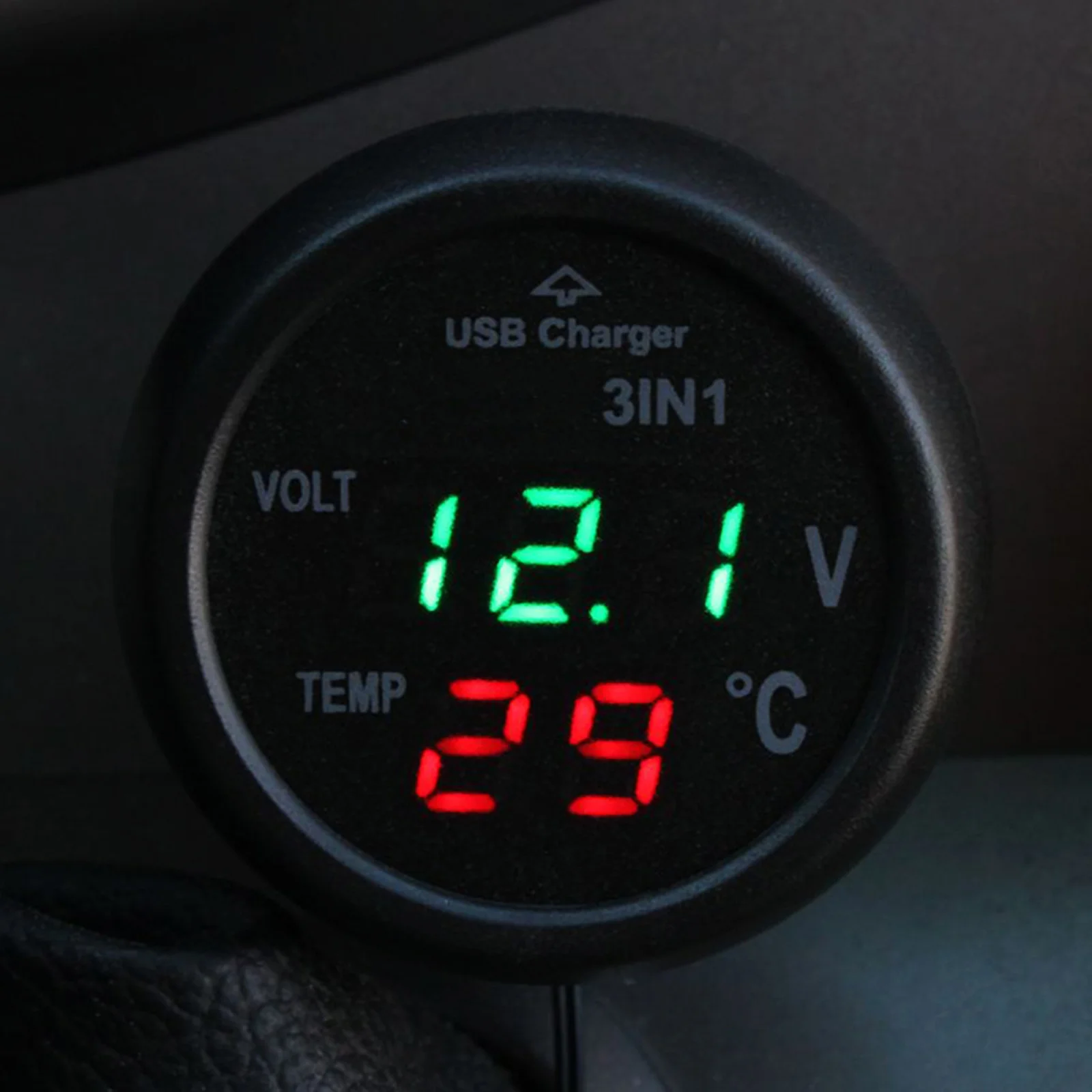 

12-24V Car USB Port Voltmeter Thermometer LCD Display Fireproof ABS Plastic Compatible with Car Truck Bus Devices