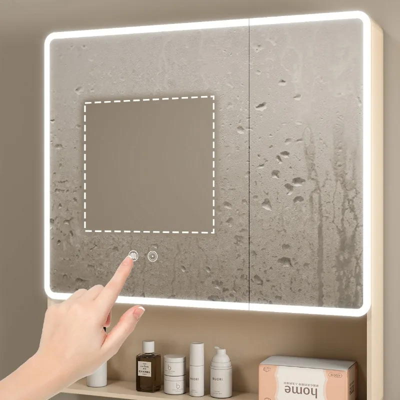 Smart Arc LED Bathroom Mirror Cabinet Wall Mounted Lighted Vanity Mirror Touch Sensor Anti Fog Storage Backlight Mirror Frameles