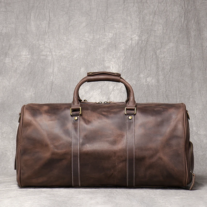 Men\'s Leather Travel Bag Vintage Brown Cowhide Luggage Bag Man Carry On Handbag Weekender Bag Duffle Bag with Shoe Compartment