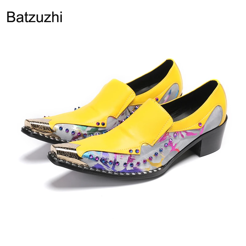 

Batzuzhi Italian Type Handmade Men's Shoes Gold Metal Toe Yellow Leather Dress Shoes Men Slip on Rivets Party and Wedding Shoes