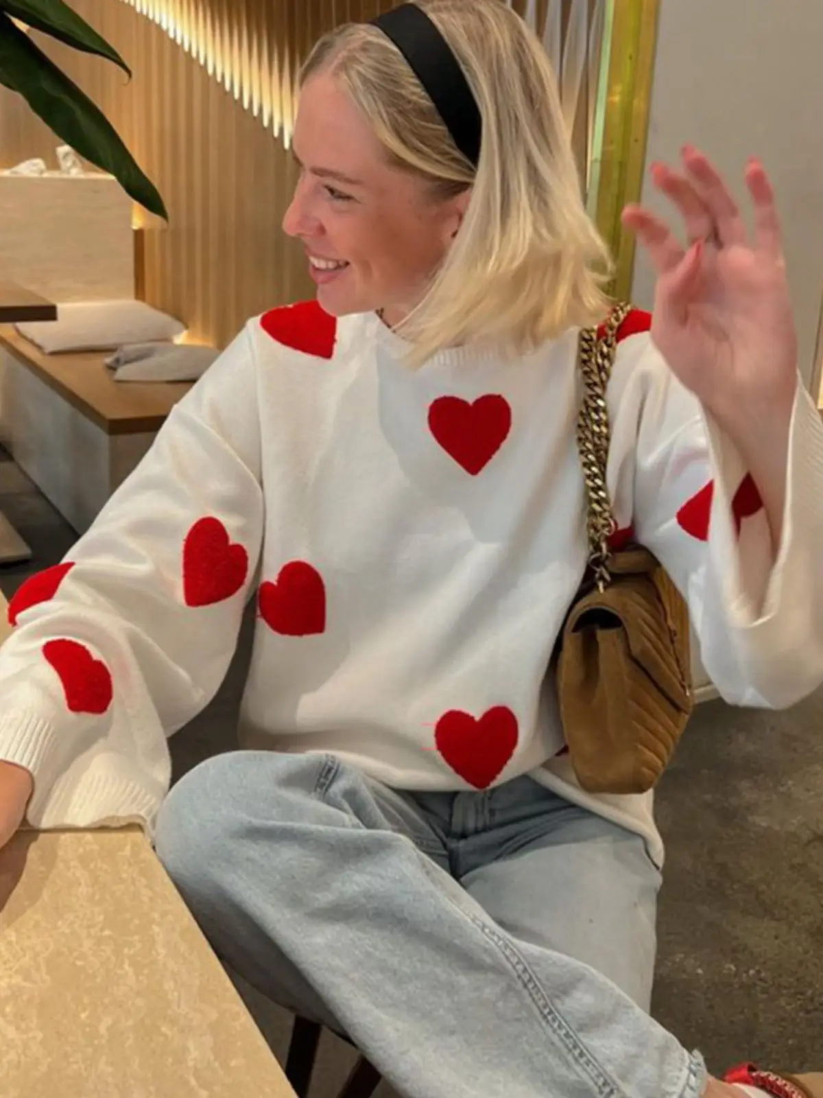 Sweater Red Love Heart Printing O-Neck 2024 For Women Fashion Vintage Loose Knitted Pullover Knitwear Long Sleeve Chic Lady Tops