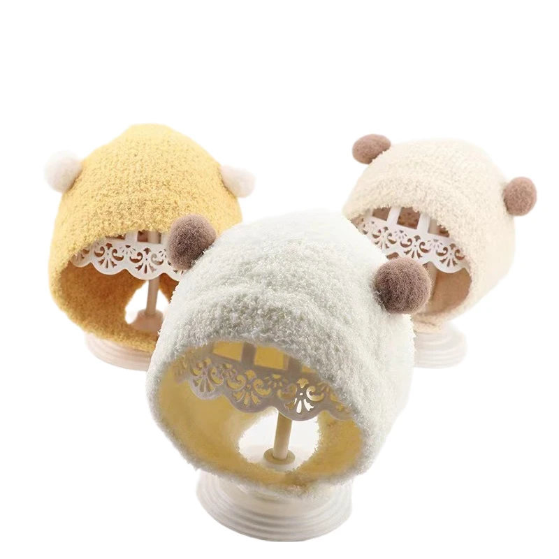 1pc Cute Pom Bear Baby Hat 2024 Autumn Winter Baby Beanie Hat Girls Boys Ear Protection Hat Soft Thickened Bonnet Cap