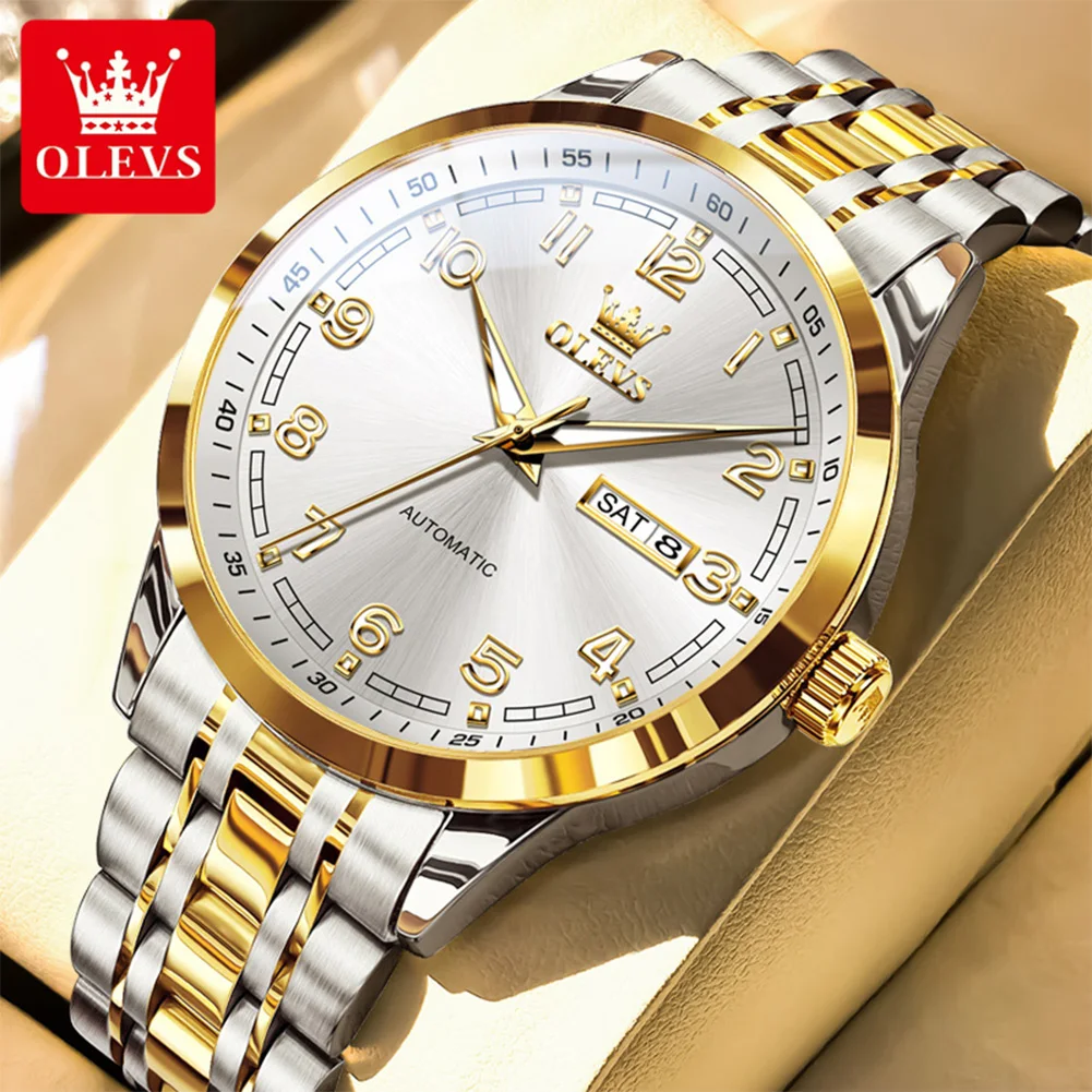 OLEVS 7077 Luxury Original Casual Fashion Mens Watch Automatic Mechanical Watches Waterproof Luminous Day Date Watch Box Reloj