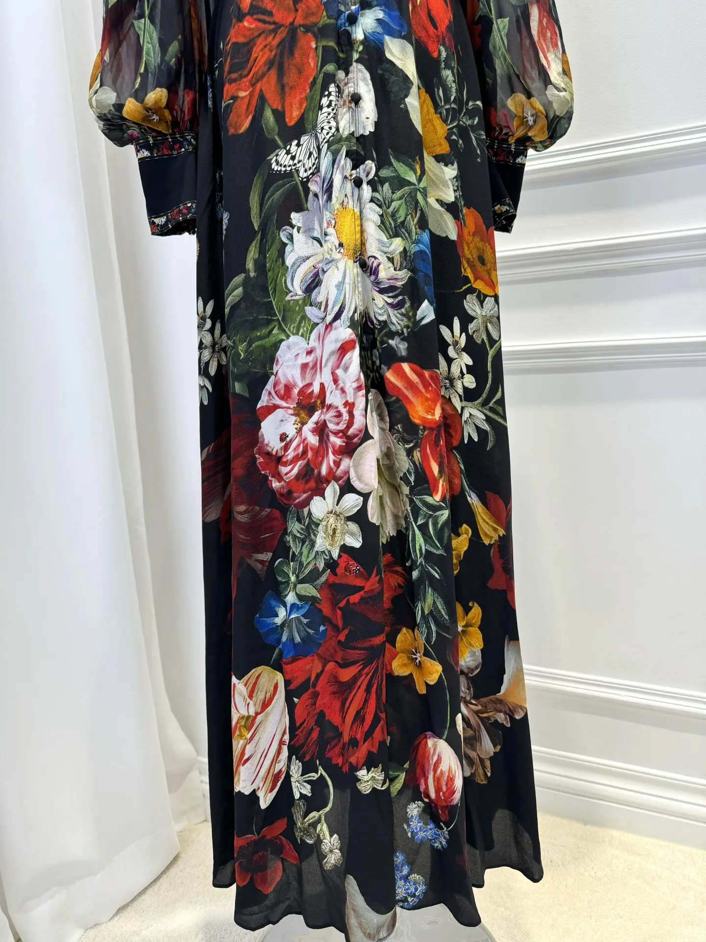 Vestido largo de manga larga de seda con cuentas y cuello en V para mujer, estampado Floral