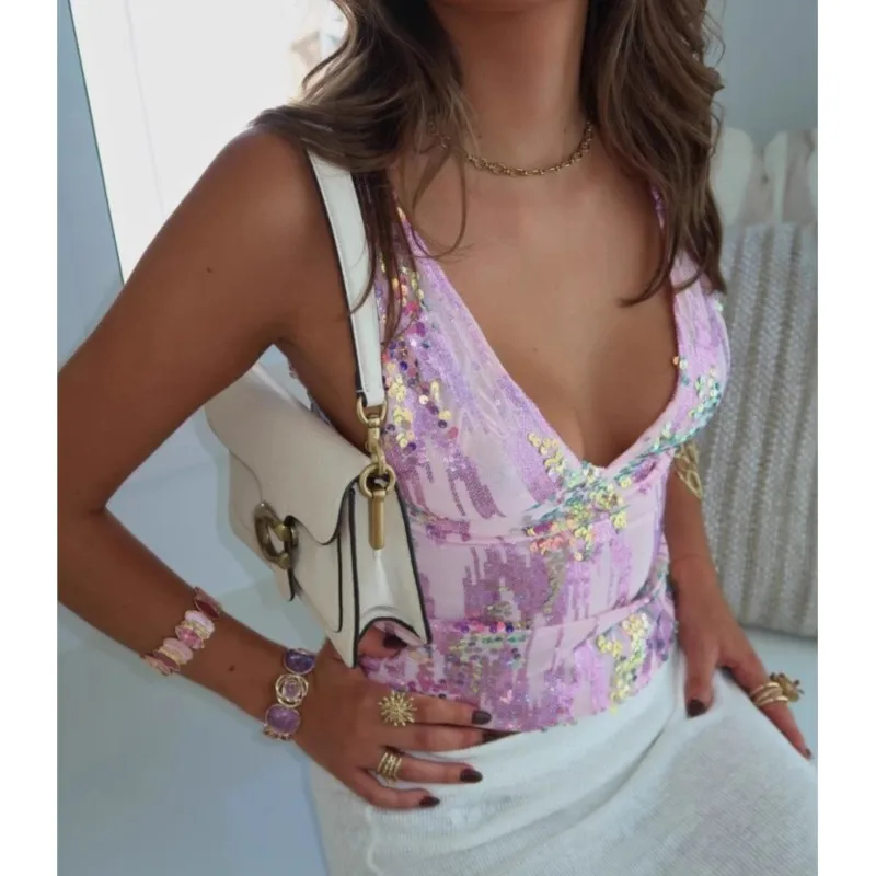 Women Summer Sexy Sparkling Sequins Crop Tops Sleeveless Camis Top V-neck Backless Slim Tank Vest  Y2k Vintage Female Streetwear